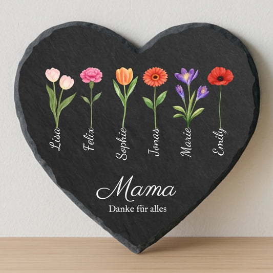Mama Geschenk mit Blumen und Namen - Personalisiertes Schieferherz (15x15)